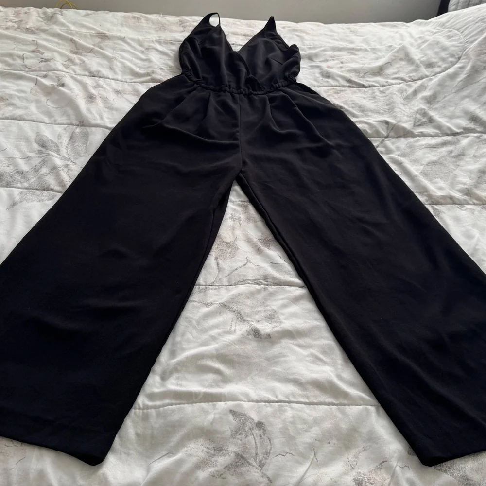 H&M Conscious Black wide leg spaghetti straps jumpsuit with pockets, size 4